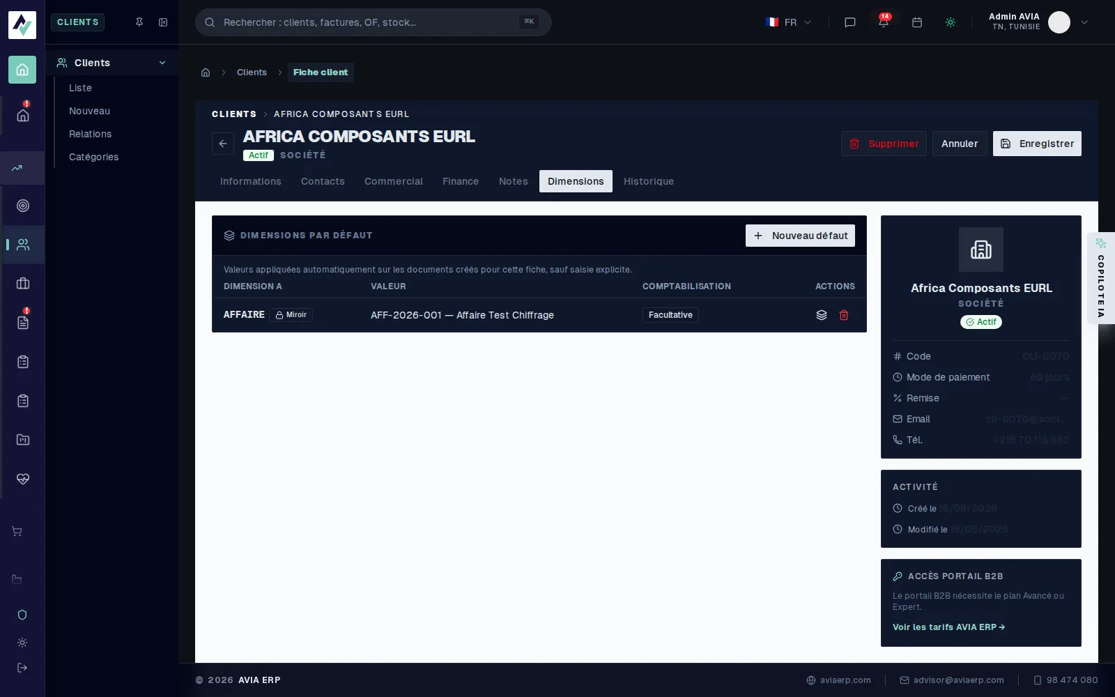 Fiche client, onglet Dimensions, avec un défaut AFFAIRE réglé sur une affaire précise, comptabilisation facultative