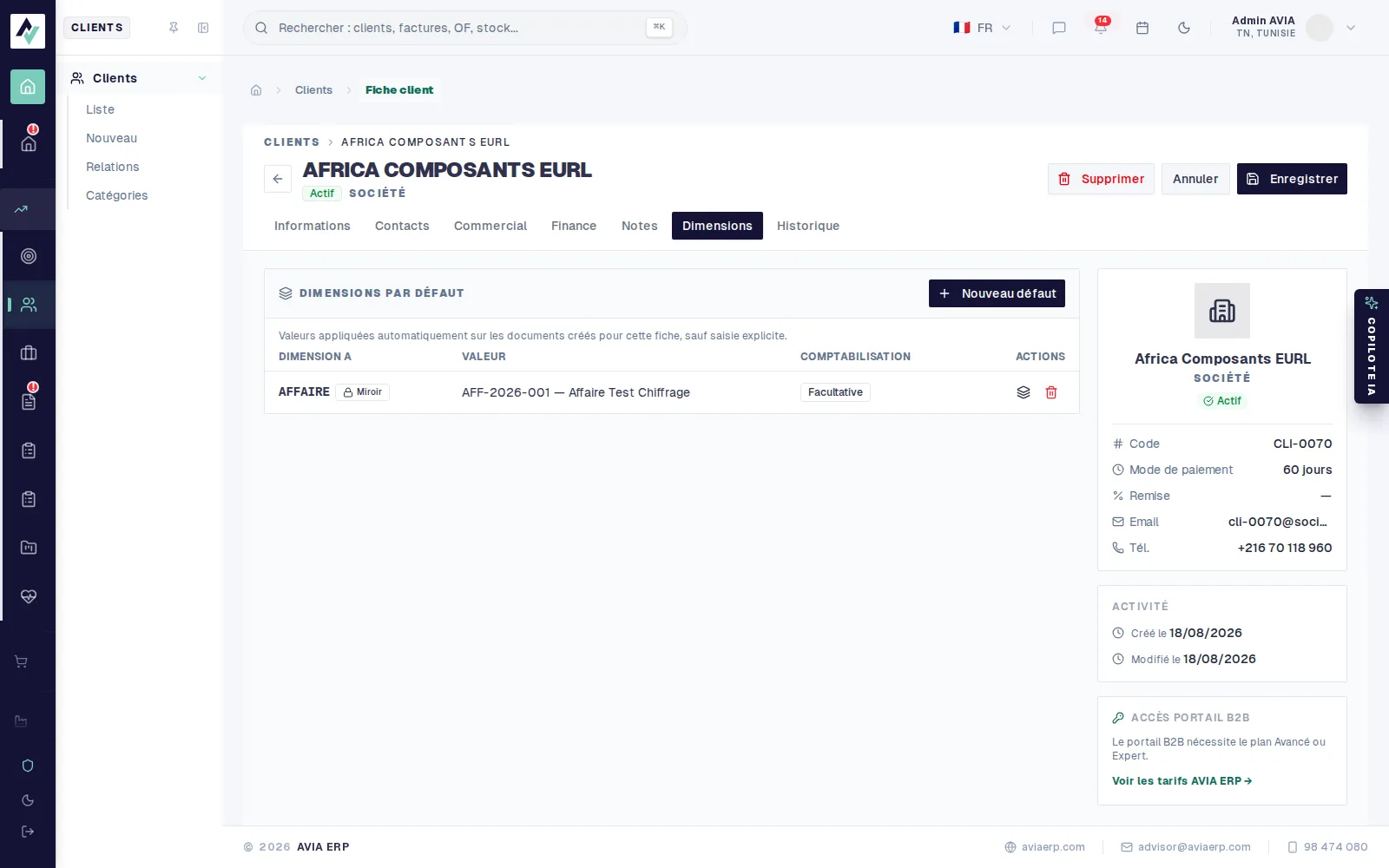Fiche client, onglet Dimensions, avec un défaut AFFAIRE réglé sur une affaire précise, comptabilisation facultative