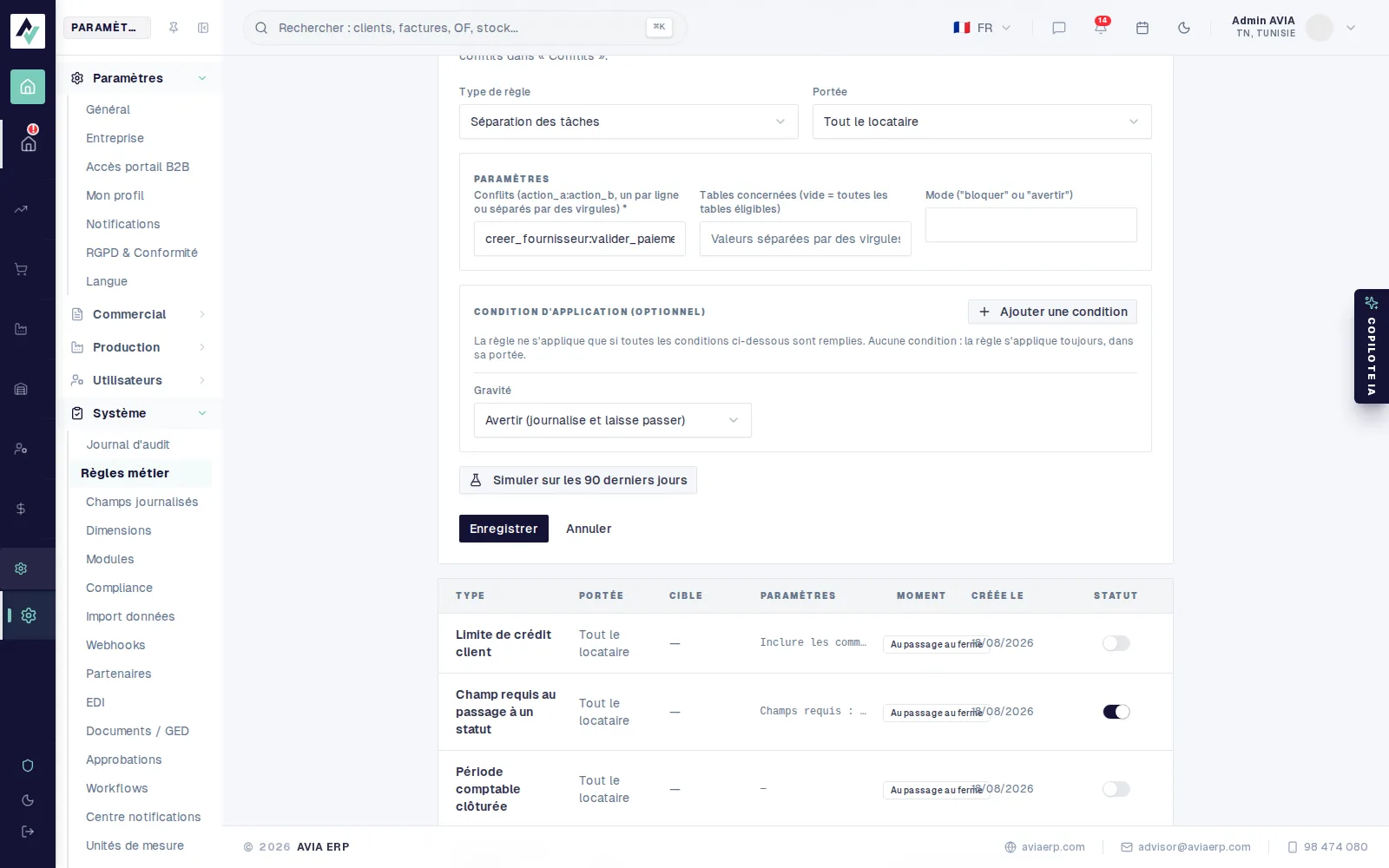 Formulaire de nouvelle règle, type Séparation des tâches, avec les trois conflits du pack Contrôle interne et le mode avertir