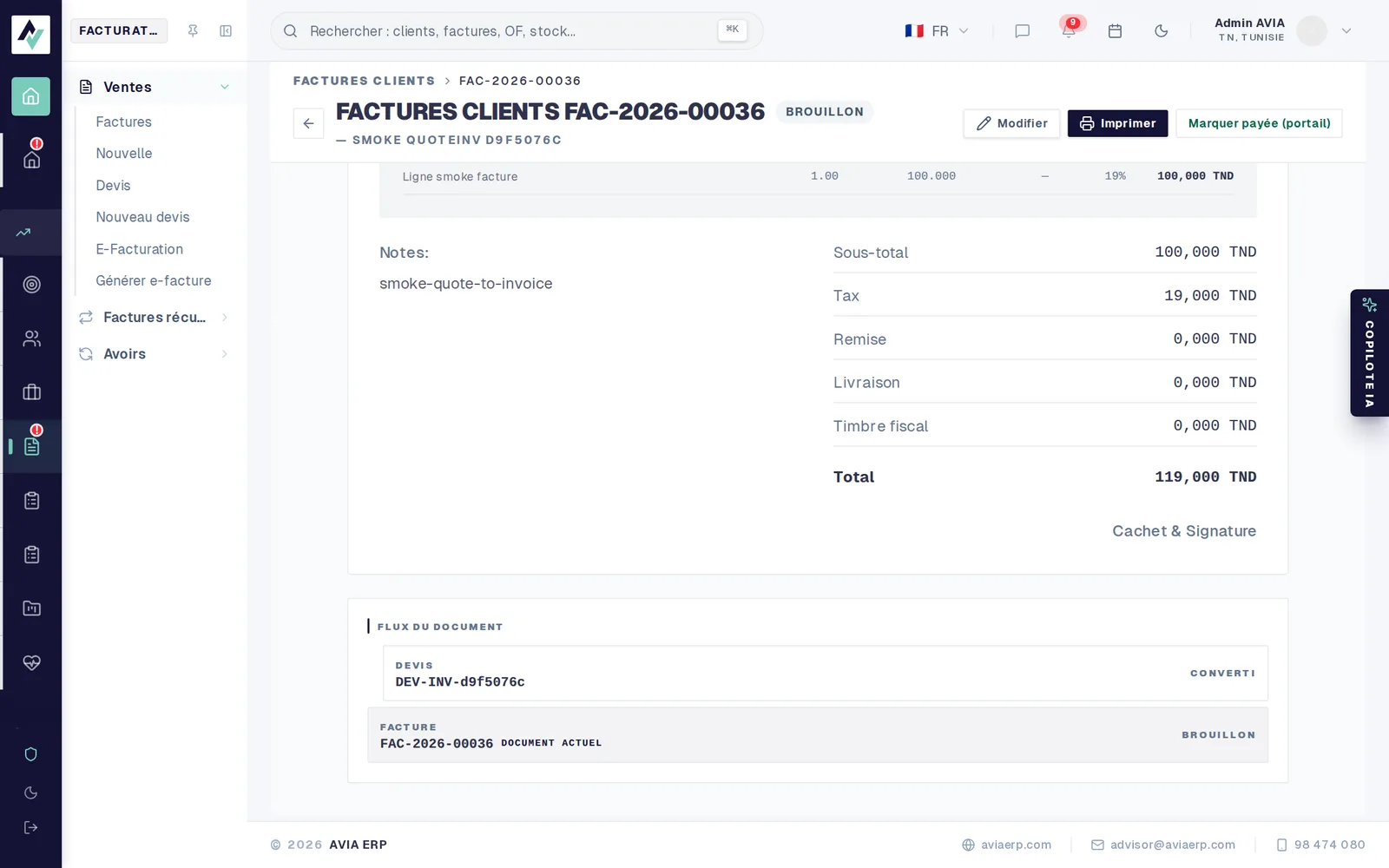 Panneau Flux du document sur une facture, montrant le devis d’origine converti