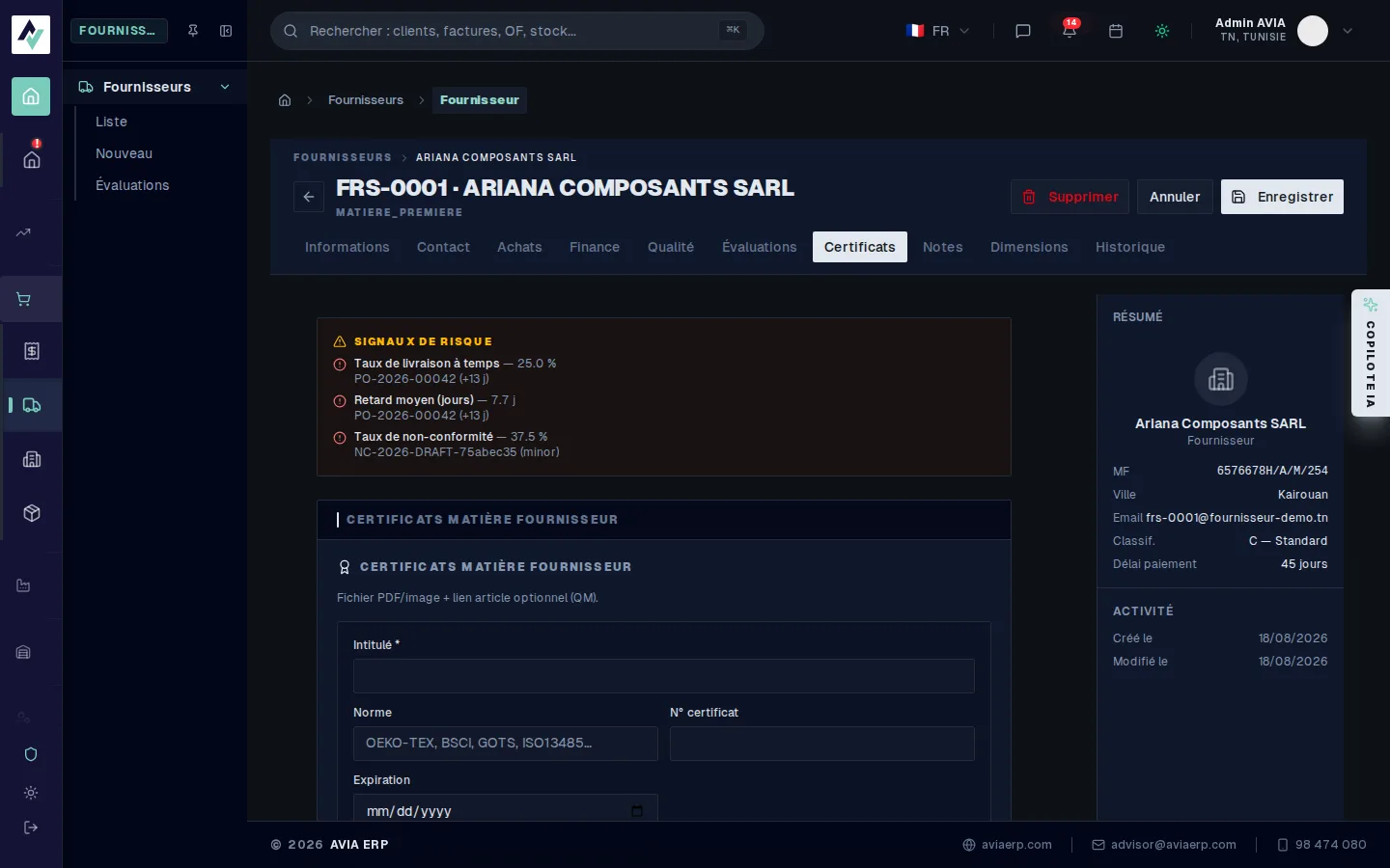 Onglet Certificats de la fiche fournisseur, avec le formulaire de certificat matière (norme, numéro, expiration)
