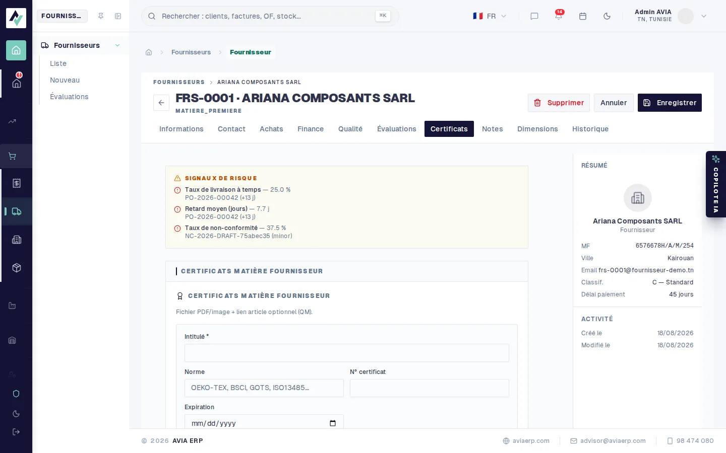 Onglet Certificats de la fiche fournisseur, avec le formulaire de certificat matière (norme, numéro, expiration)