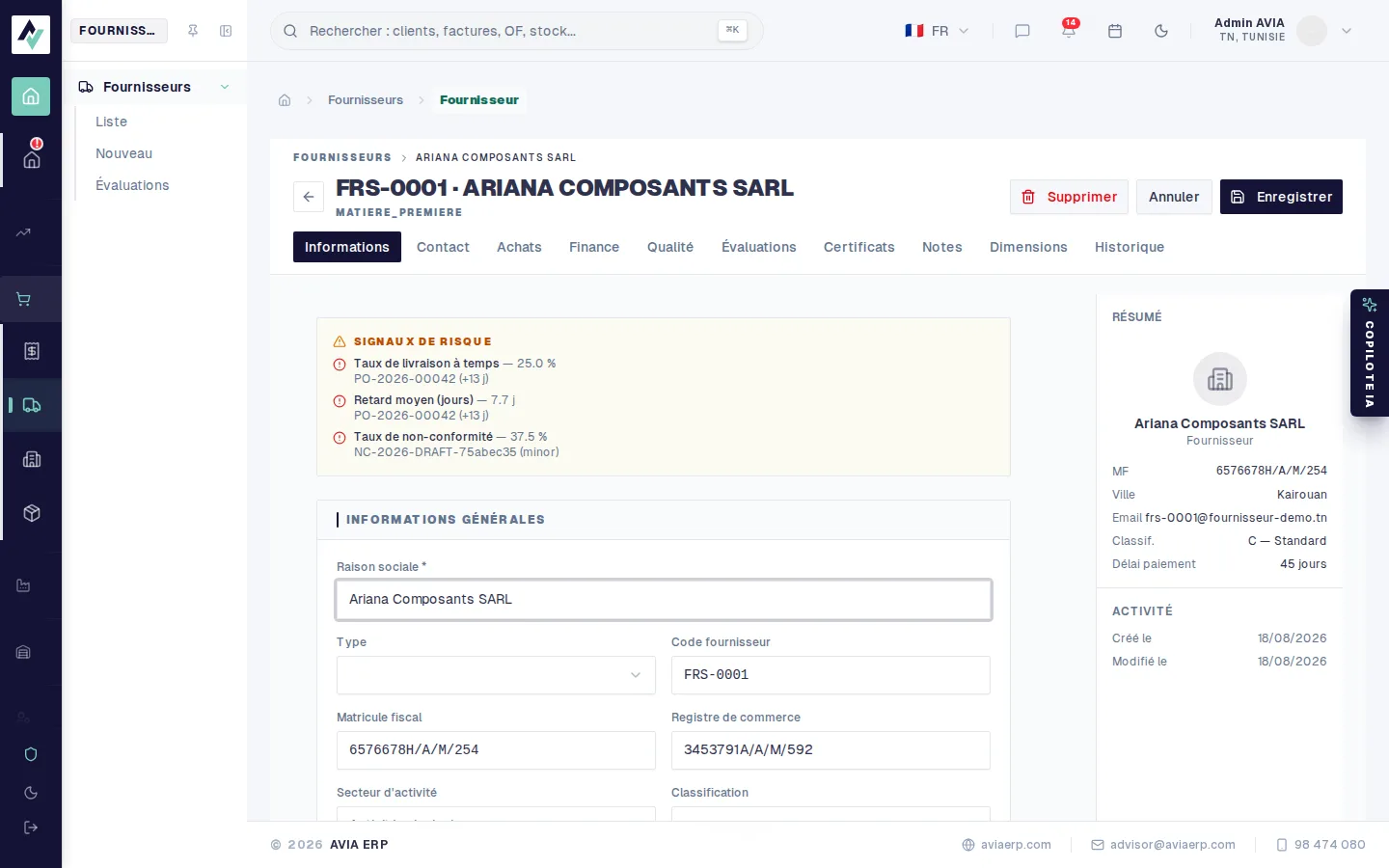 Fiche fournisseur avec le bandeau de risque affichant taux de livraison à temps, retard moyen et taux de non-conformité