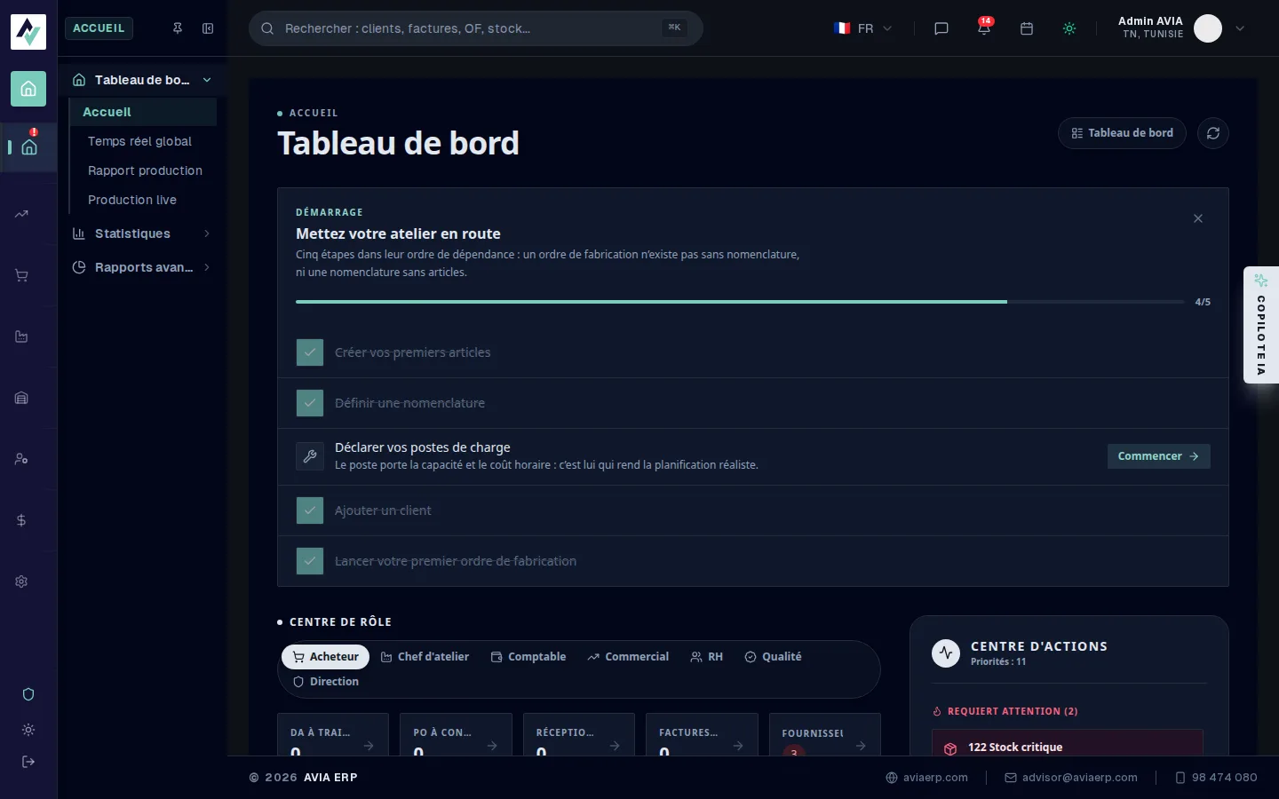 Accueil avec le centre de rôle activé, rôle Acheteur sélectionné, montrant les files achats et le centre d’actions