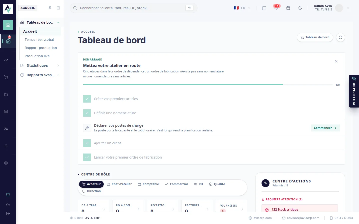 Accueil avec le centre de rôle activé, rôle Acheteur sélectionné, montrant les files achats et le centre d’actions