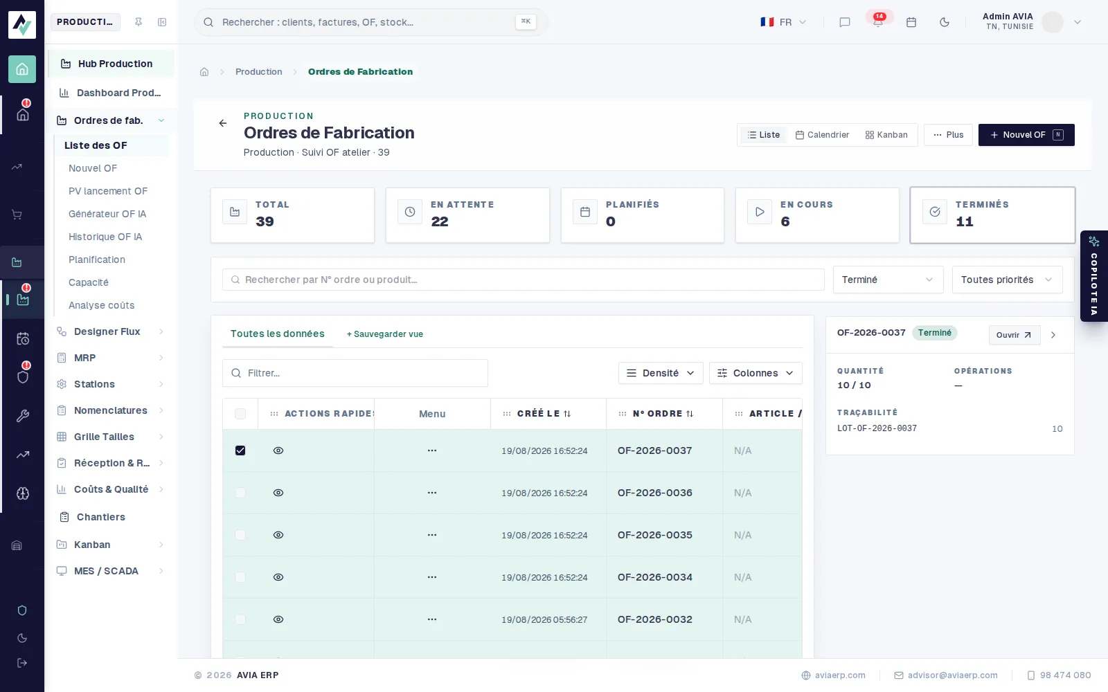 Liste des ordres de fabrication, filtrée sur Terminé, une ligne sélectionnée, factbox montrant la quantité et un lot de traçabilité