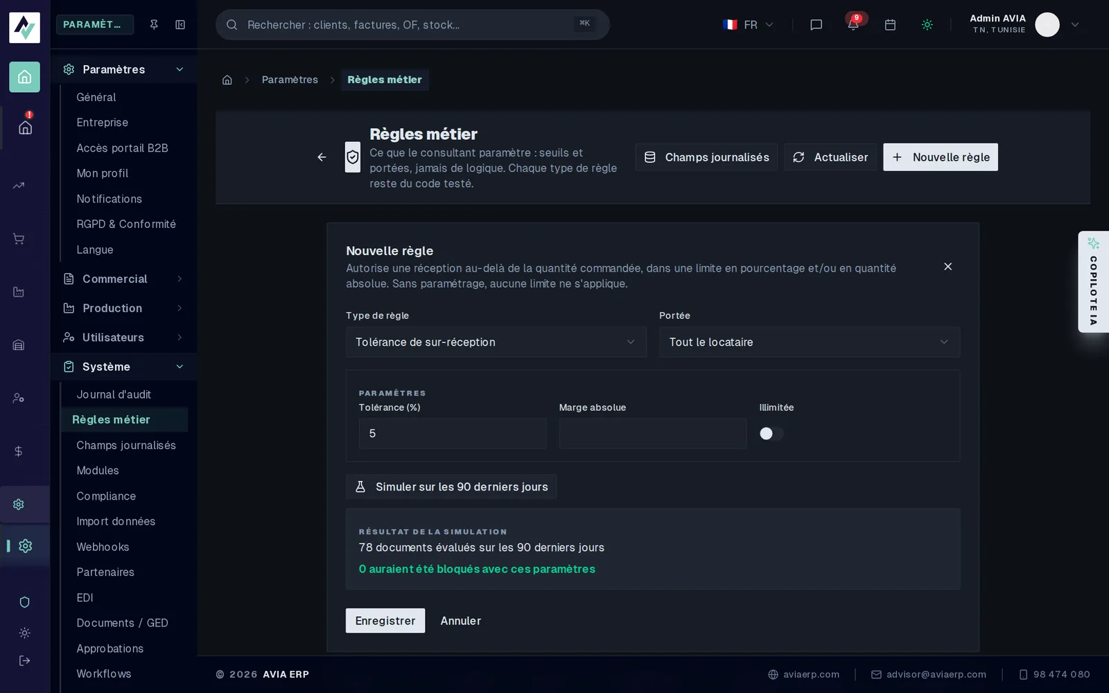 Formulaire de nouvelle règle avec le résultat d’une simulation sur 90 jours