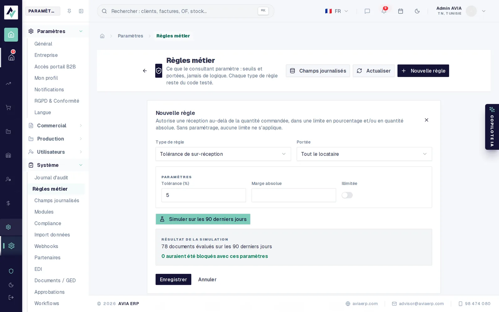 Formulaire de nouvelle règle avec le résultat d’une simulation sur 90 jours